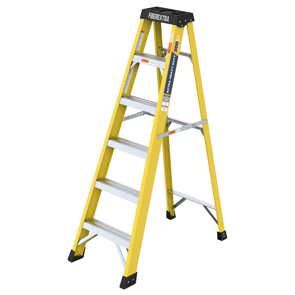 Side view showing the ladder’s 6-step structure, fiberglass rungs, and yellow frame