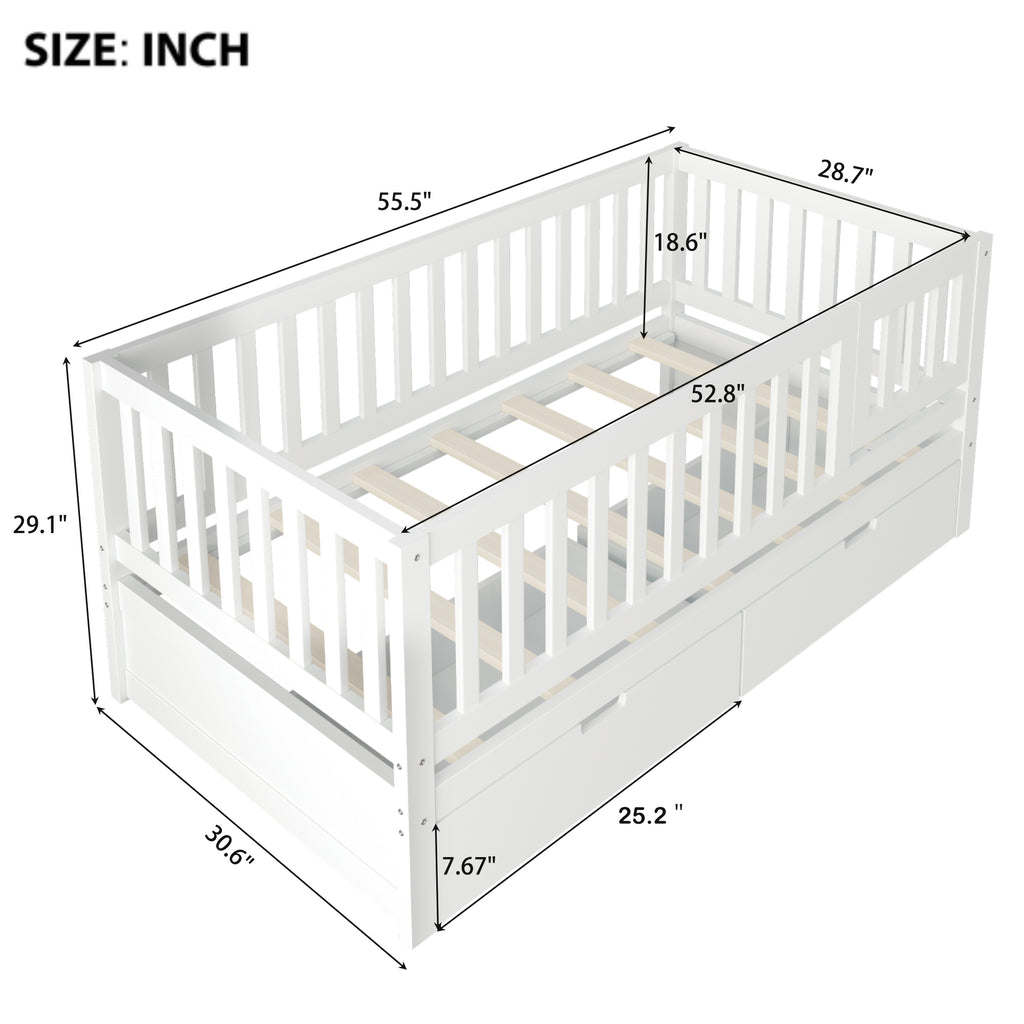 3-in-1 Convertible Toddler Bed with Storage Drawers, Solid Wood Daybed, White