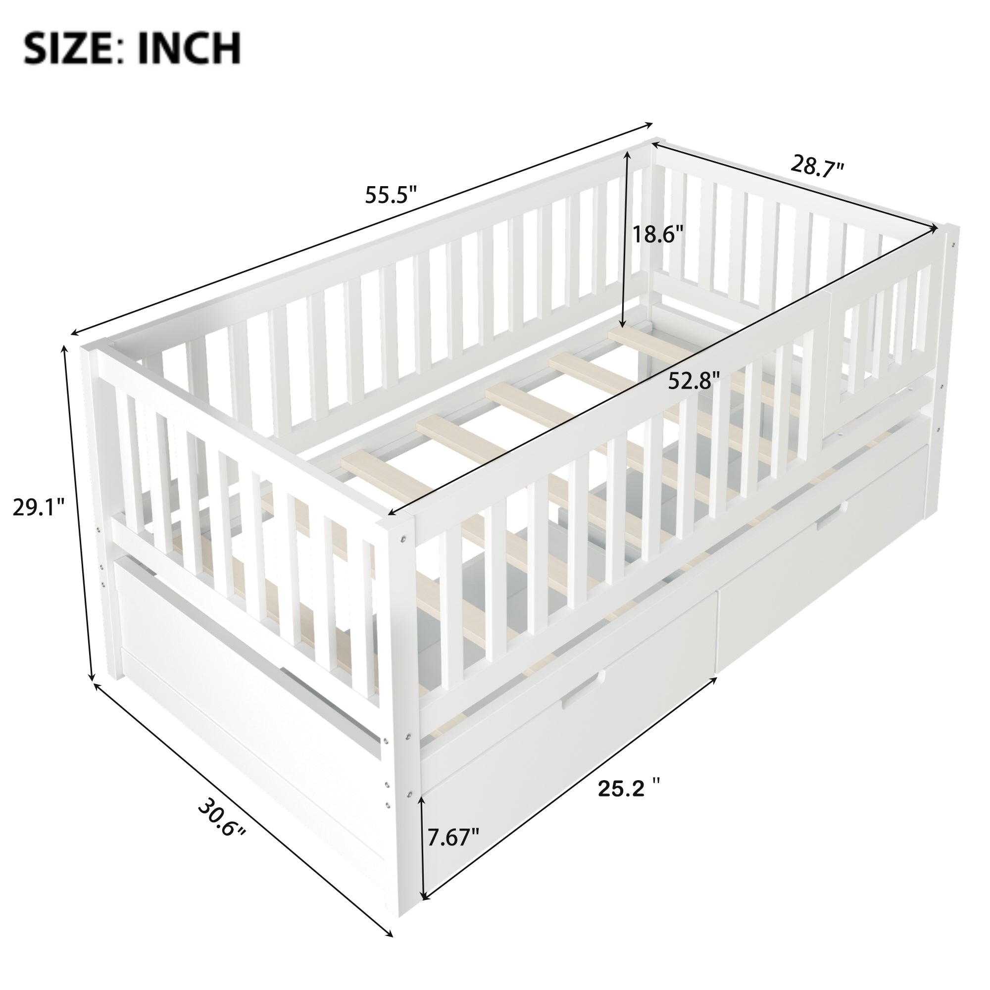 3-in-1 Convertible Toddler Bed with Storage Drawers, Solid Wood Daybed, White