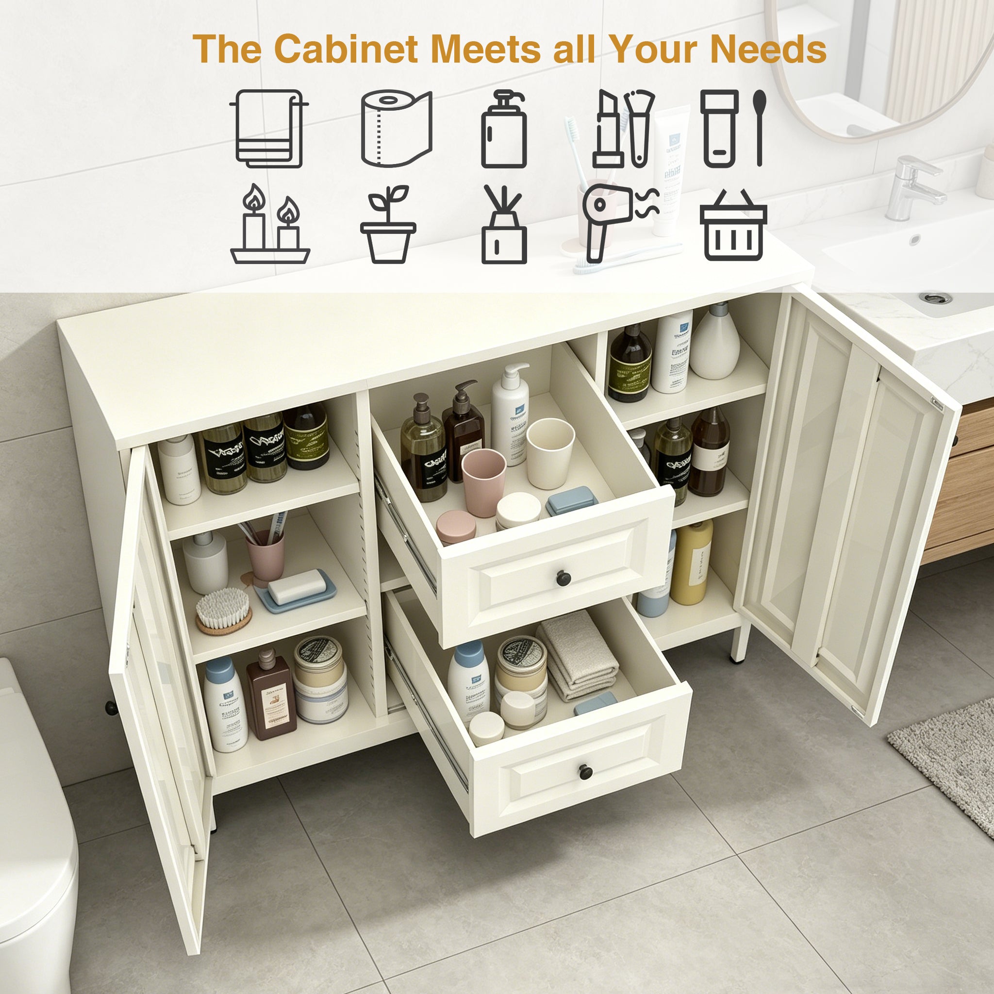 40.16" Steel Storage Sideboard Cabinet with 4 Drawers & 2 Doors – Beige