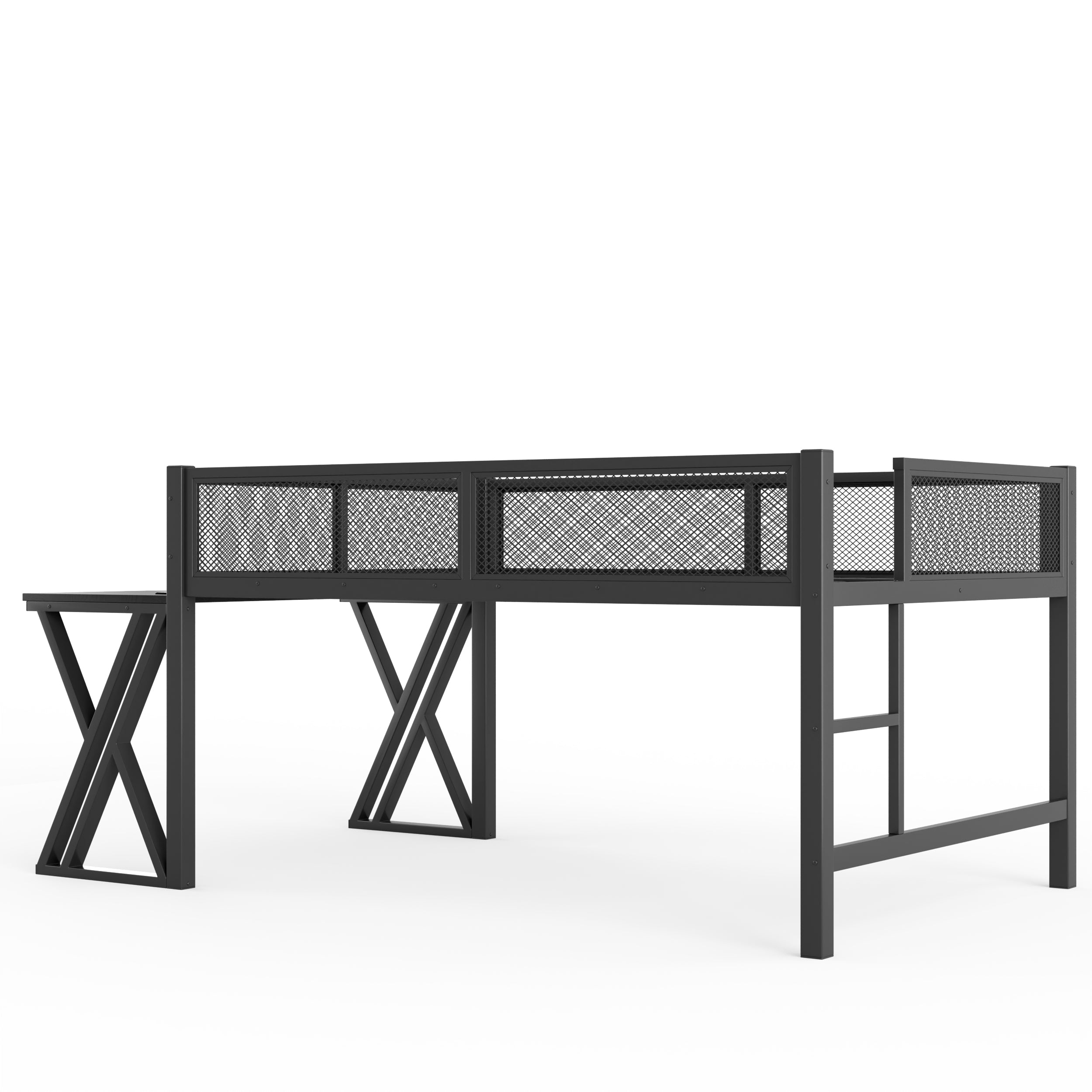 Full Size Gaming Loft Bed with Desk, LED Lights & USB Ports – Black Metal Frame