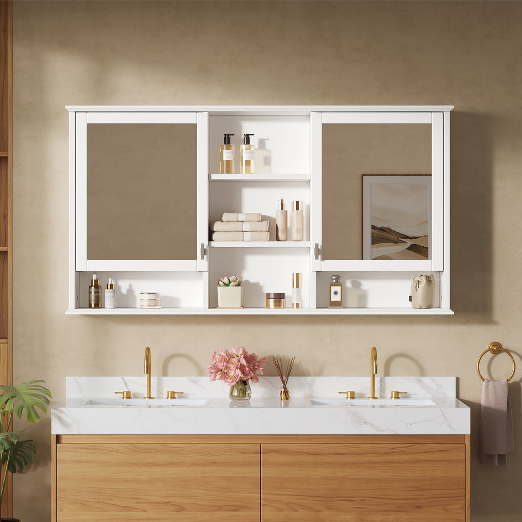 55-inch Wall-Mount Mirror Cabinet with Adjustable Shelves and Soft-Close Doors