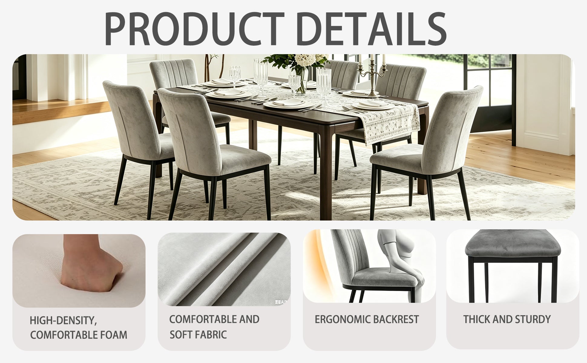 Set of 4 Modern Dark Gray Velvet Dining Chairs with Metal Legs & Adjustable Feet
