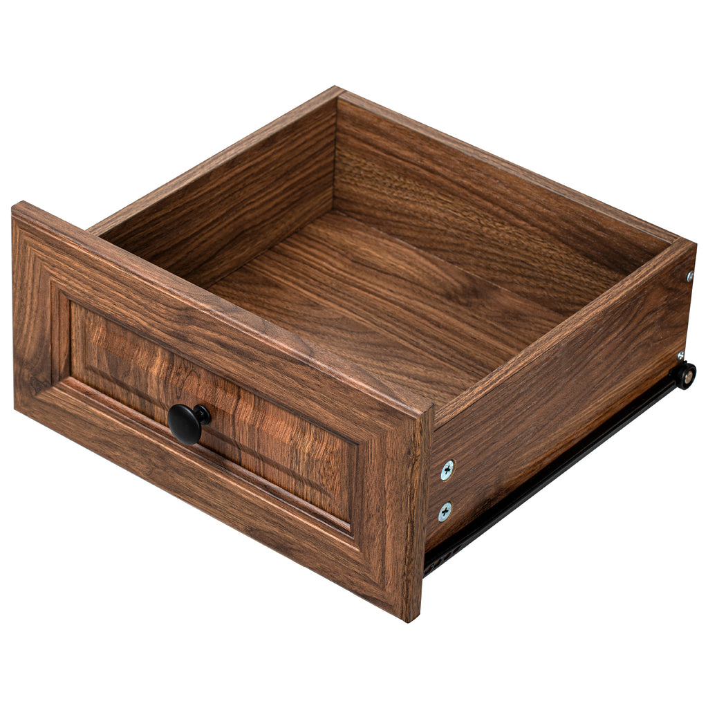 Side view showing depth and profile of the brown farmhouse pantry cabinet