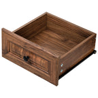 Side view showing depth and profile of the brown farmhouse pantry cabinet