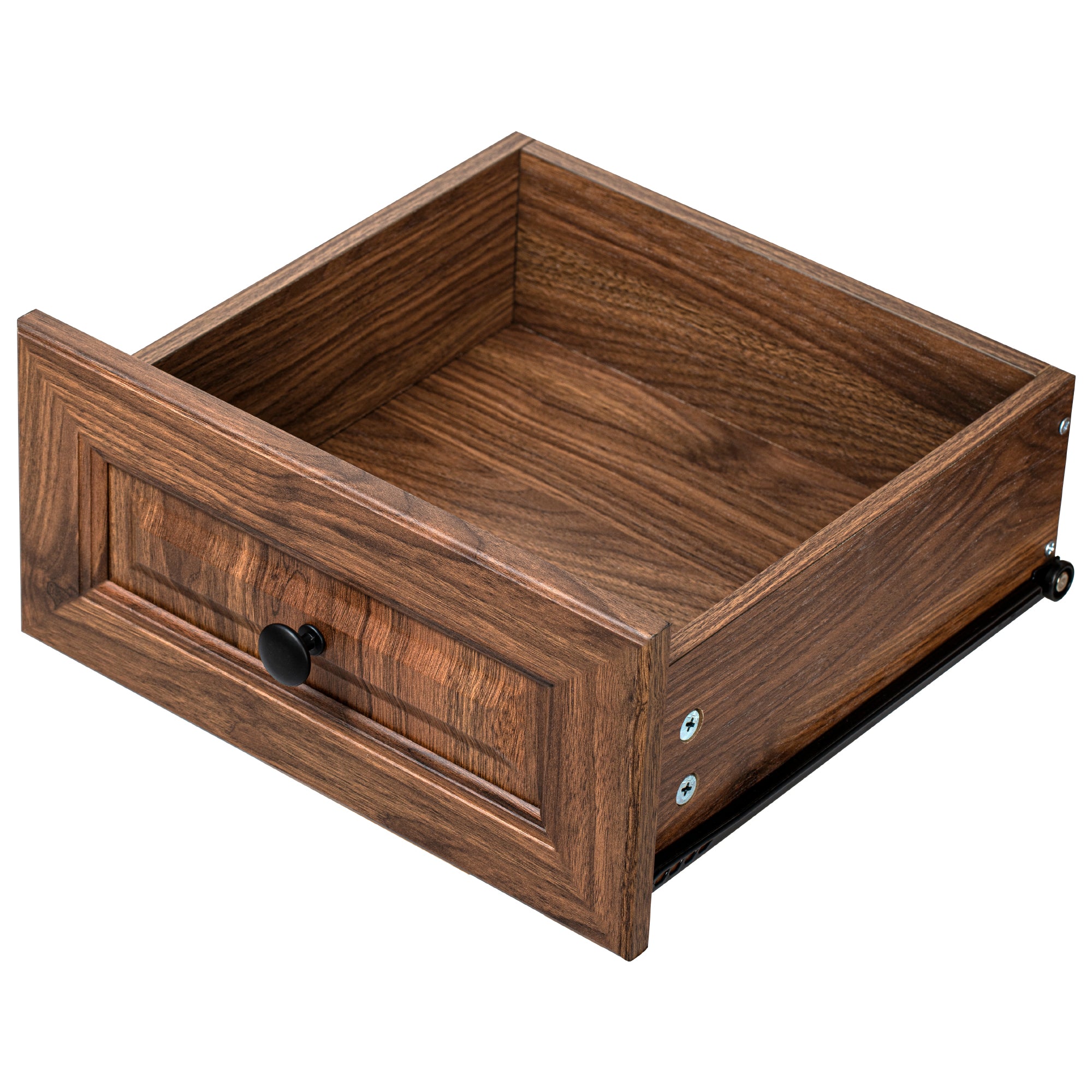 Side view showing depth and profile of the brown farmhouse pantry cabinet