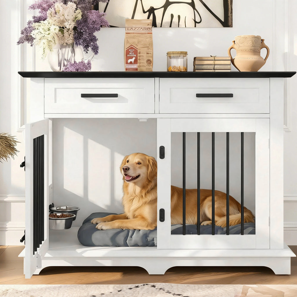 44.5" Wooden Dog Crate End Table with 2 Drawers & Rotating Bowls, White and Black