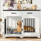 44.5" Wooden Dog Crate End Table with 2 Drawers & Rotating Bowls, White and Black