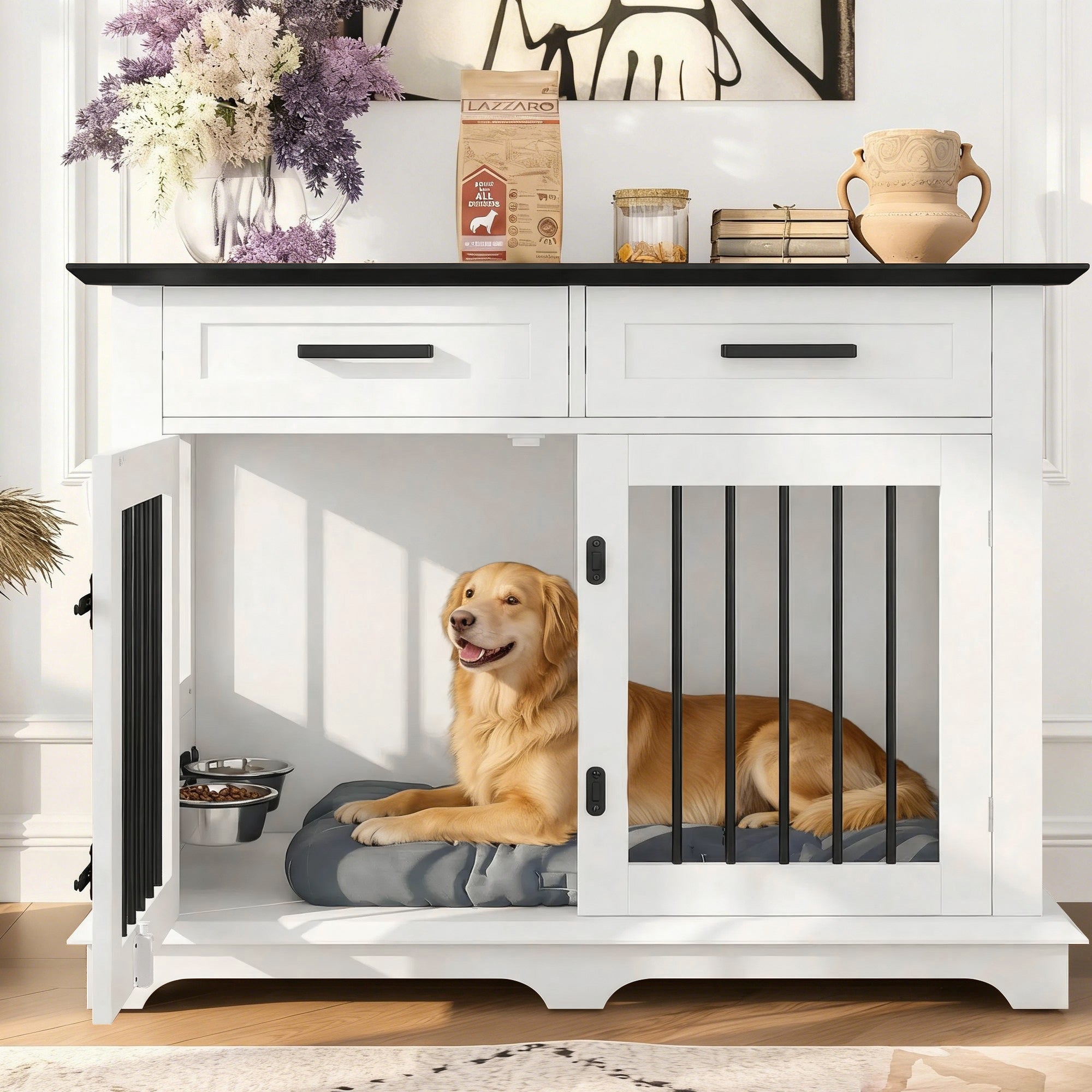 44.5" Wooden Dog Crate End Table with 2 Drawers & Rotating Bowls, White and Black