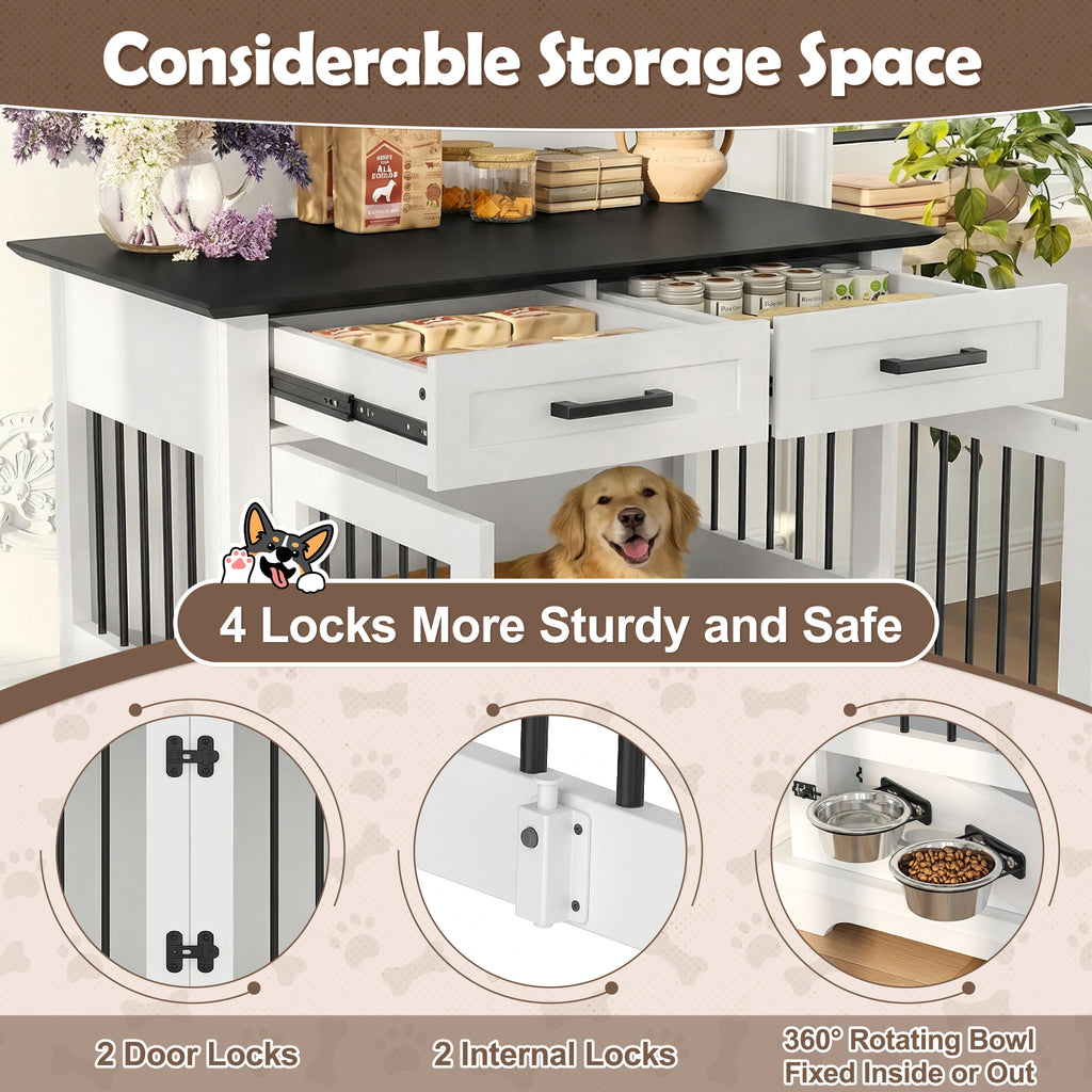 44.5" Wooden Dog Crate End Table with 2 Drawers & Rotating Bowls, White and Black