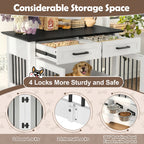 44.5" Wooden Dog Crate End Table with 2 Drawers & Rotating Bowls, White and Black