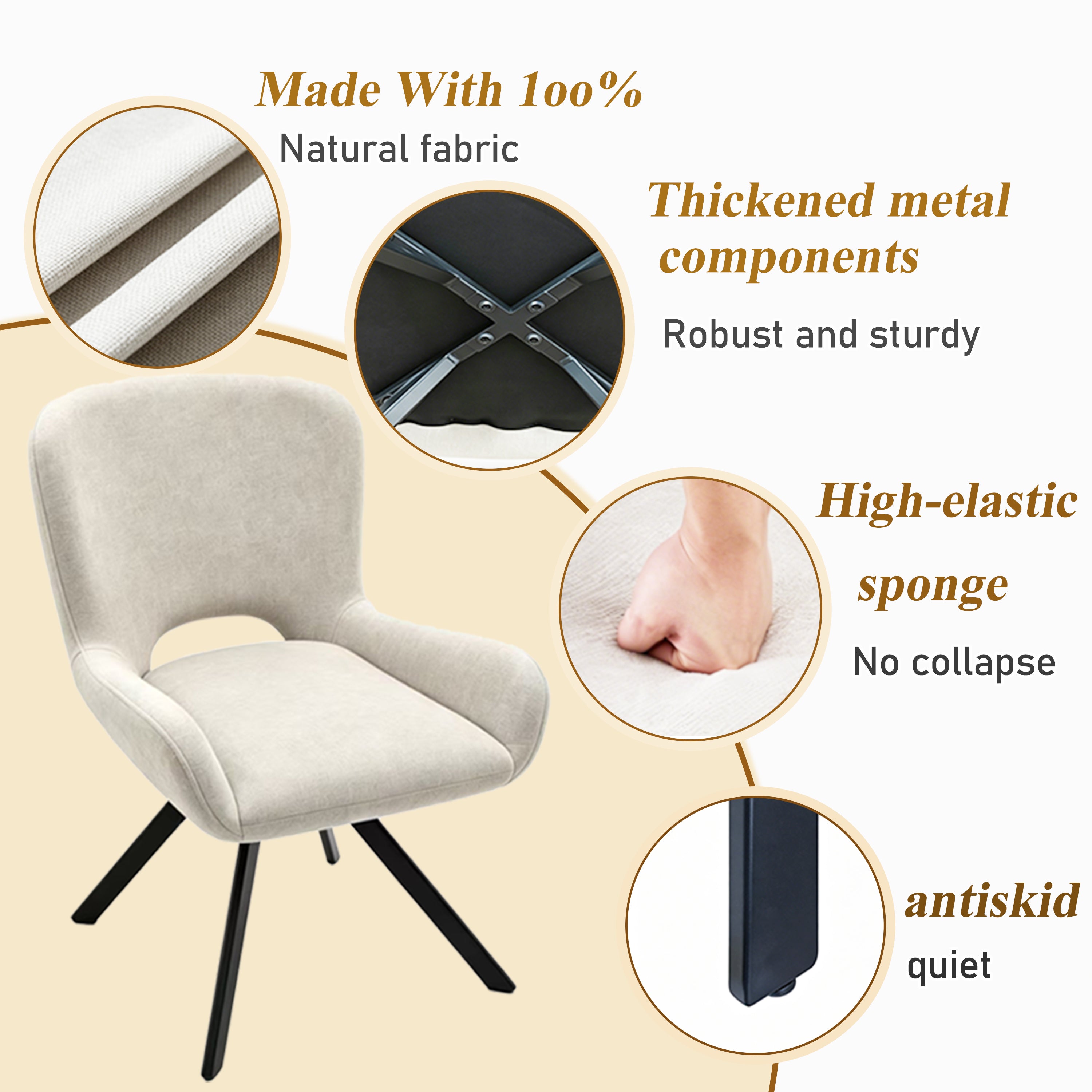 Set of 2 Beige Fabric Dining Chairs with Wood Frame – Modern Soft Cushioned Seating for Kitchen or Living Room