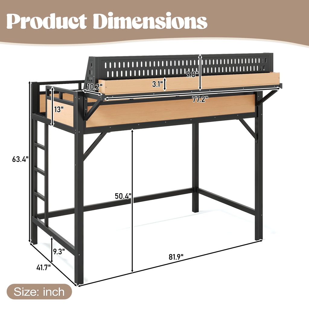 Twin XL Metal Loft Bed with Storage Shelves, Pegboard, USB Ports & LED Lights - product detail image 9