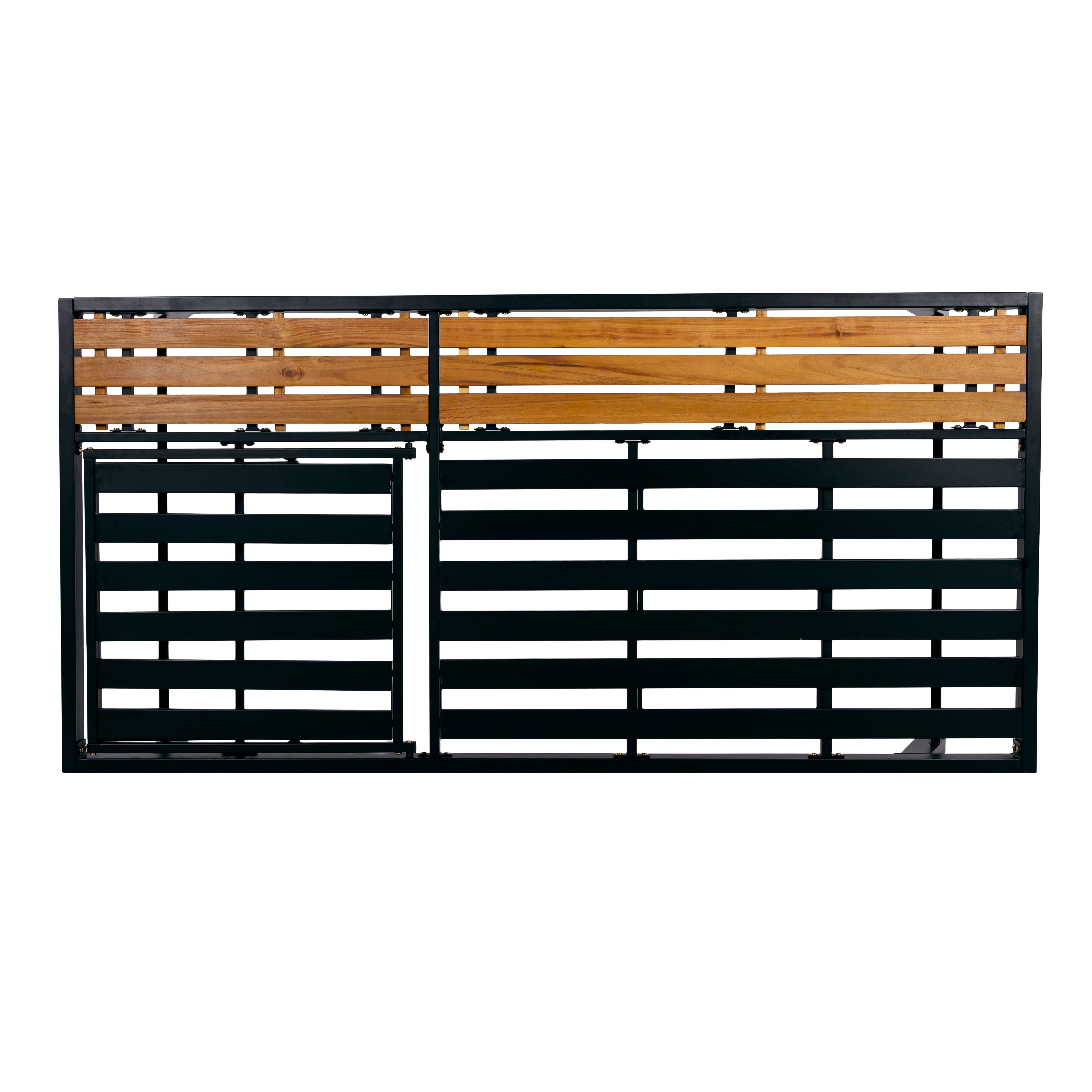 Black Iron and Teak-Finish Acacia Wood Outdoor Chaise Lounge Frame with Adjustable Backrest and Storage Surface