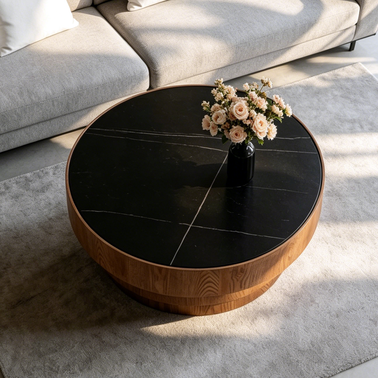 31.5" Round Coffee Table with Sintered Stone Top and Wood Veneer Tiered Base – Modern Black