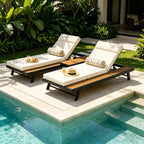 Black Iron and Teak Outdoor Chaise Lounge Set with Beige Cushion – 400 lb Capacity, Adjustable Backrest & Storage Surfac