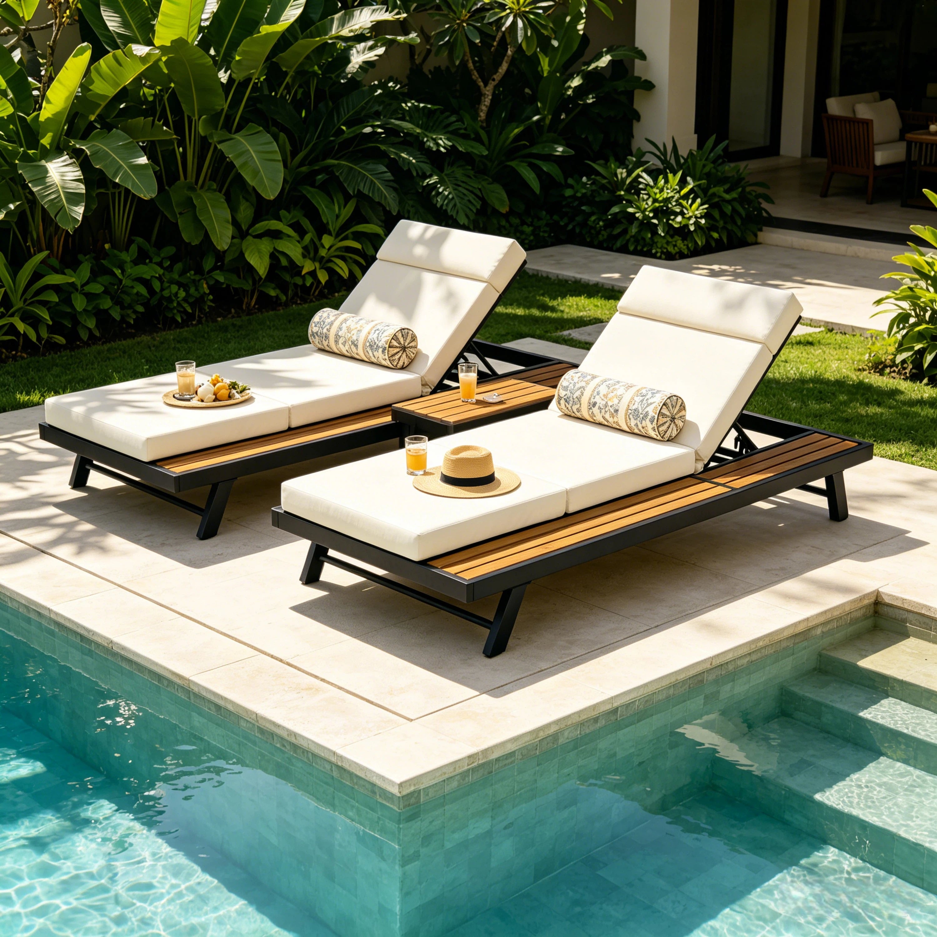 Black Iron and Teak Outdoor Chaise Lounge Set with Beige Cushion – 400 lb Capacity, Adjustable Backrest & Storage Surfac