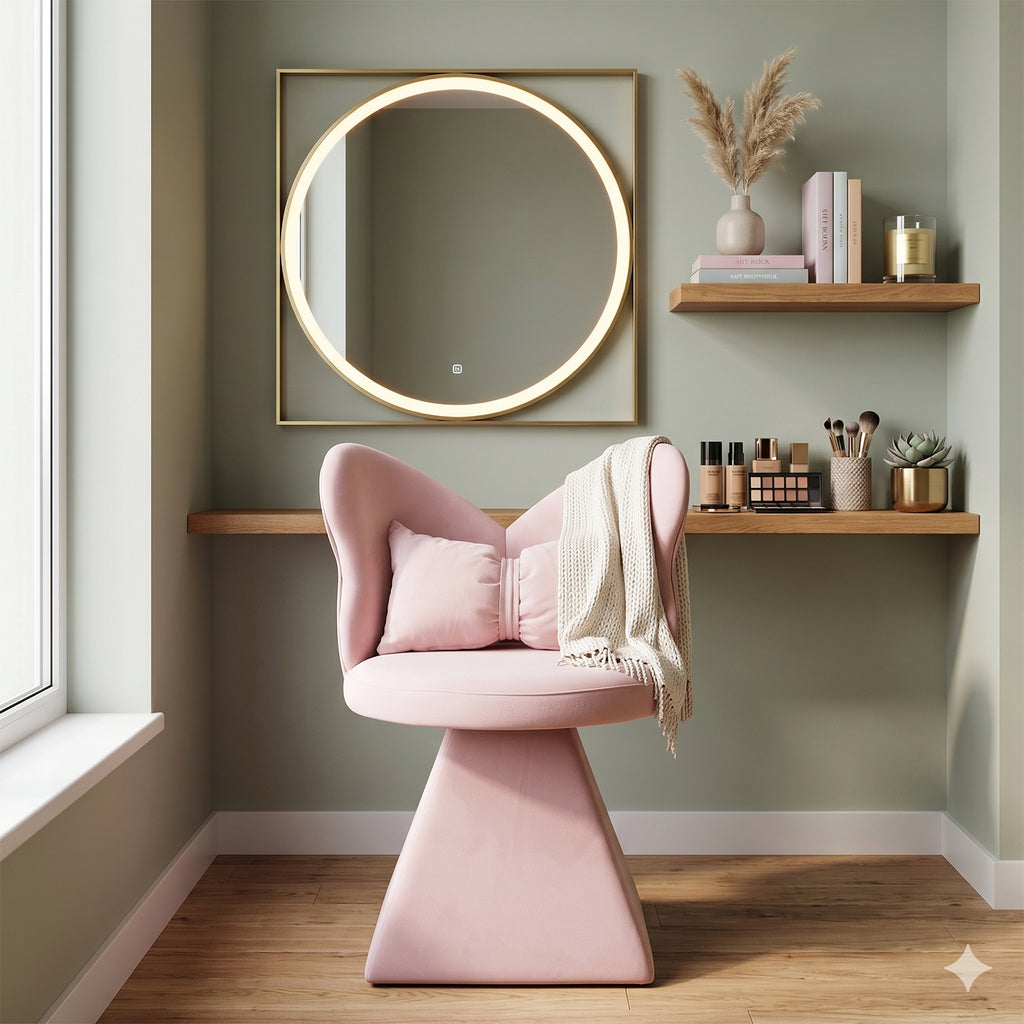 Pink Butterfly Back Swivel Vanity Chair with Triangular Base