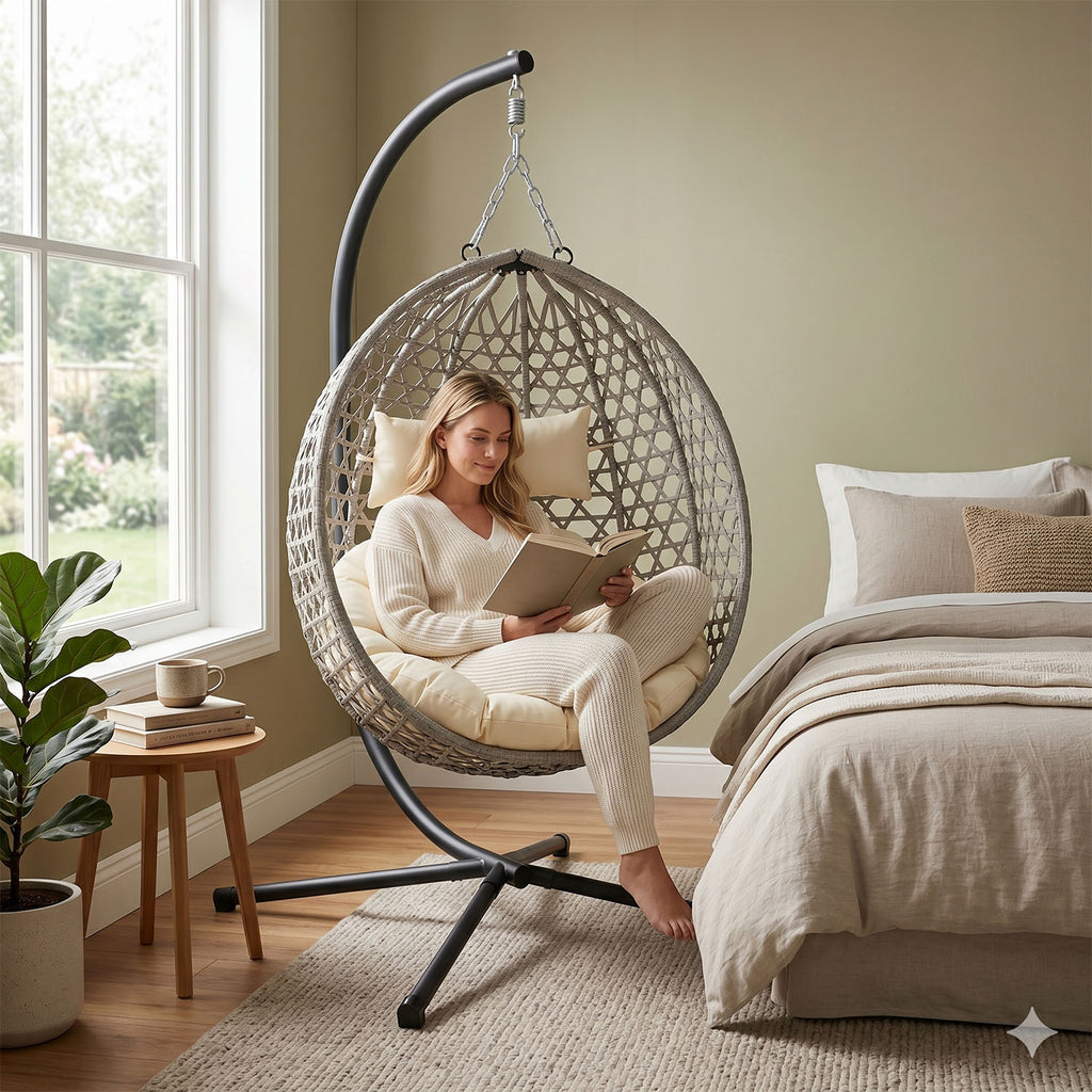 Folding HDPE Rattan Hanging Egg Chair with Stand – Indoor/Outdoor Patio Swing Basket
