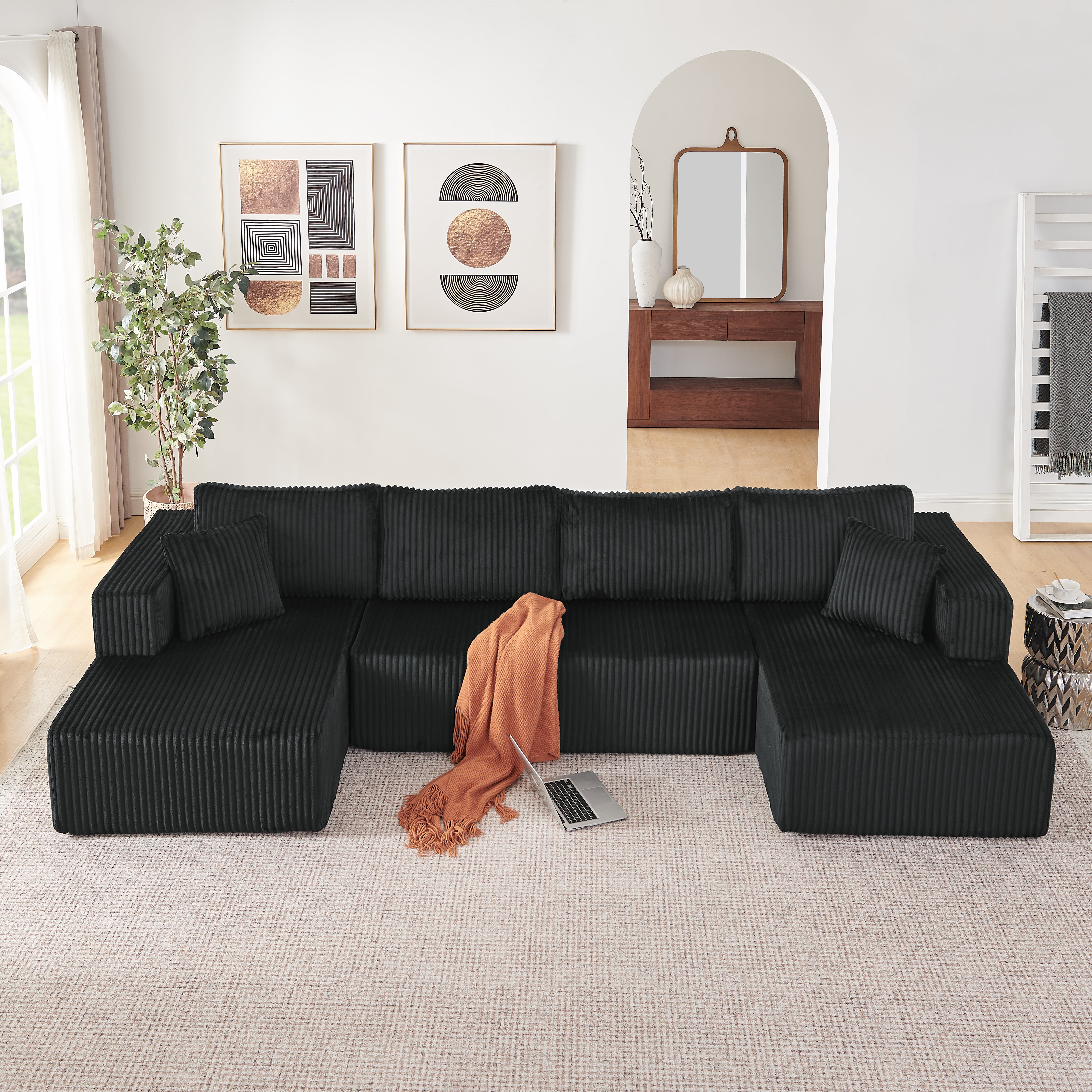 132" U-Shaped Modular Sectional Sofa in Black Corduroy – 6-Seat, Foam & Pocket Spring Cushioning Main image