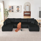 132" U-Shaped Modular Sectional Sofa in Black Corduroy – 6-Seat, Foam & Pocket Spring Cushioning