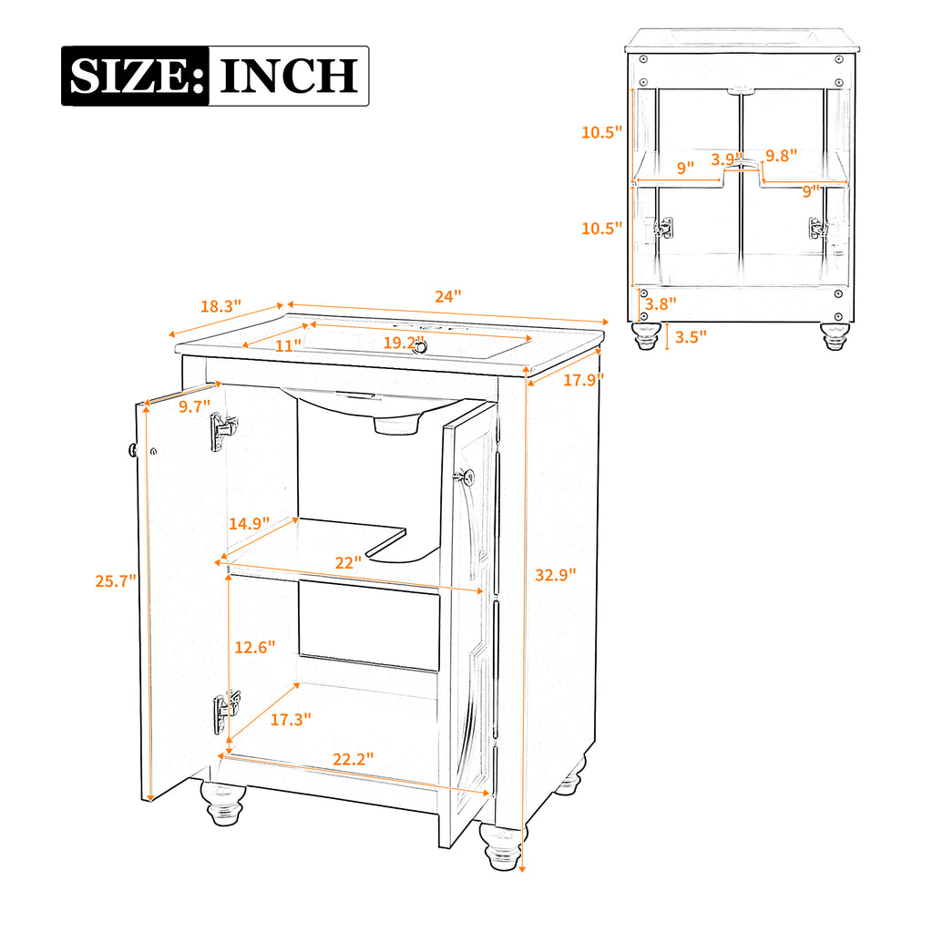 24-inch Modern White Bathroom Vanity with Ceramic Sink and Soft-Close Hinges