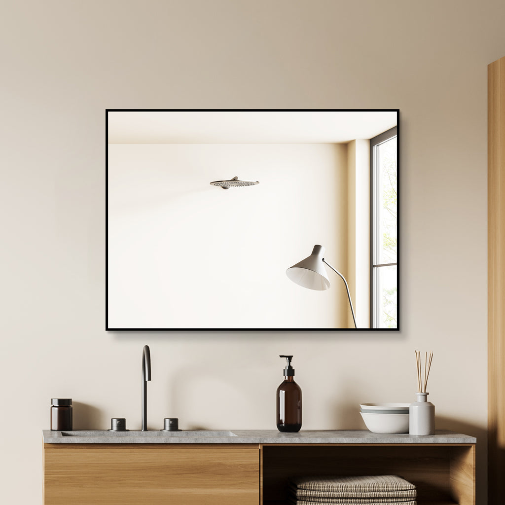 24 x 32 Inch Black Aluminum Bathroom Mirror – HD Copper-Free Silver Glass, Horizontal or Vertical Mount