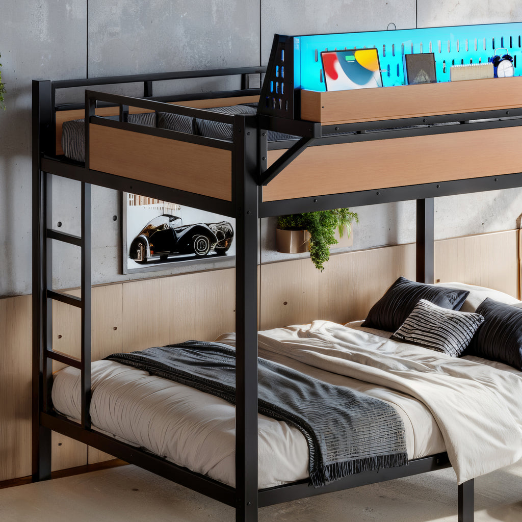 Queen Over Queen Metal Bunk Bed with Storage Shelves, Pegboard, USB Ports & LED Lights