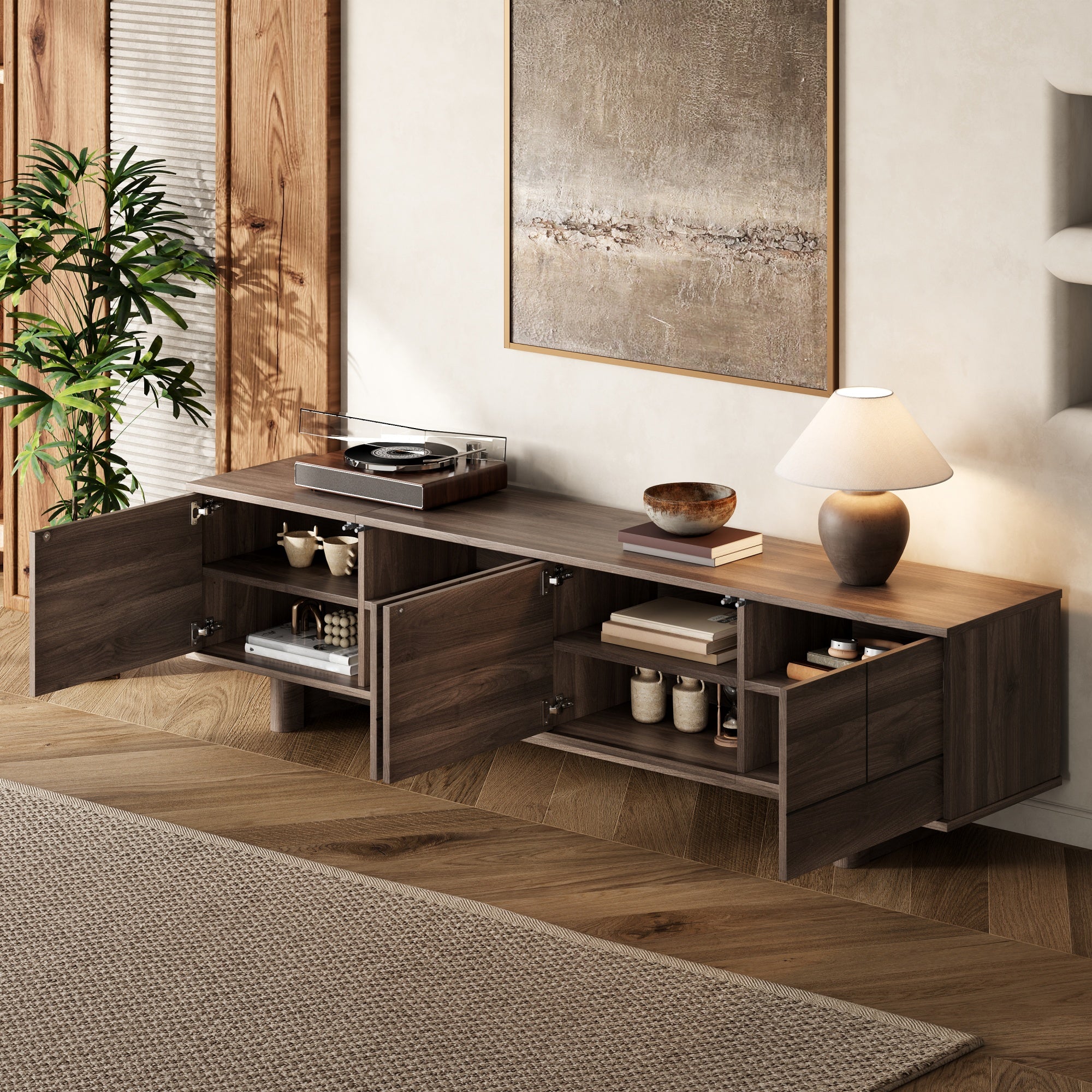 78-inch Modern TV Stand for TVs up to 85", Dark Brown Entertainment Center with Solid Wood Legs, Adjustable Shelves & Ca