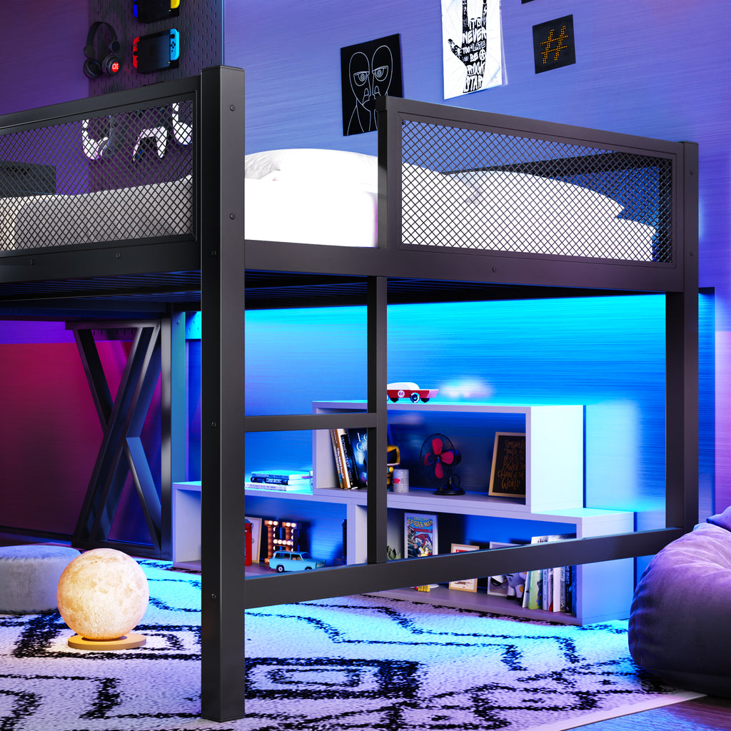 Full Size Gaming Loft Bed with Desk, LED Lights & USB Ports – Black Metal Frame