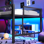 Full Size Gaming Loft Bed with Desk, LED Lights & USB Ports – Black Metal Frame