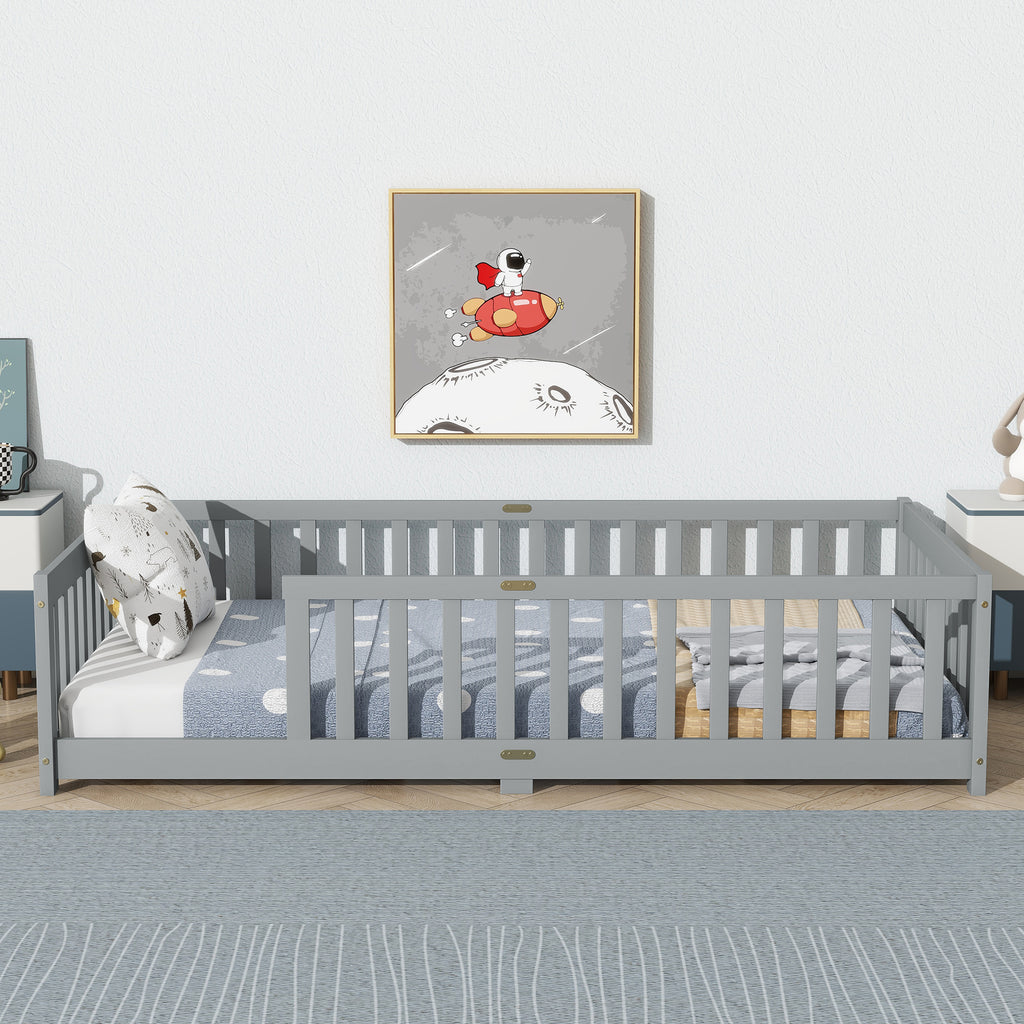 Twin Rubber Wood Floor Bed with Safety Guardrails, Grey