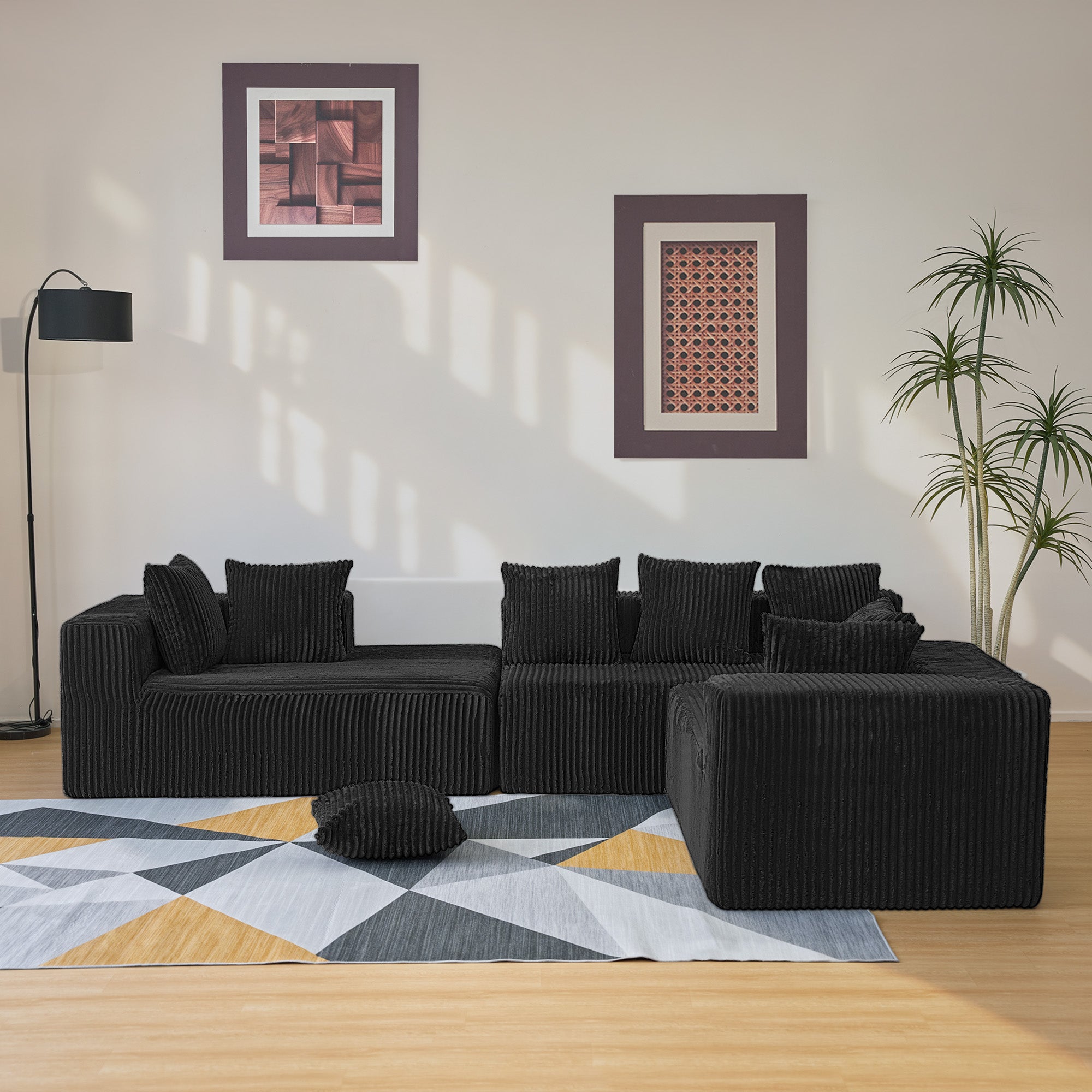 130" U-Shaped Corduroy Sectional Sofa with Chaise, 4-Seat Black Living Room Couch, No Assembly Required