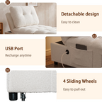 Single Sofa Bed with Adjustable Backrest, Teddy Fabric, USB Port & Side Pockets