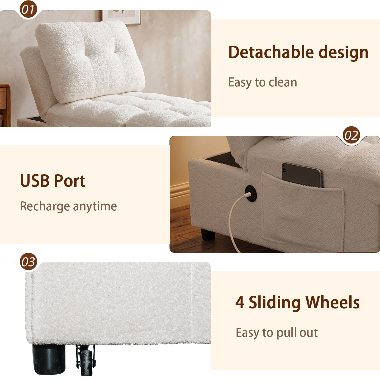 Single Sofa Bed with Adjustable Backrest, Teddy Fabric, USB Port & Side Pockets