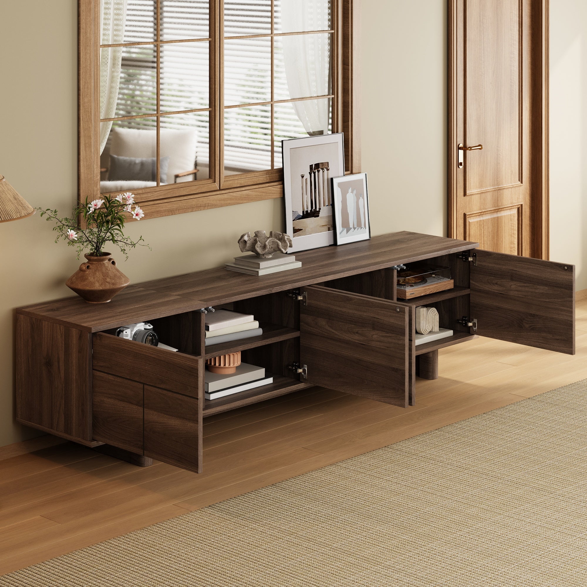 78-inch Modern TV Stand for TVs up to 85", Dark Brown Entertainment Center with Solid Wood Legs, Adjustable Shelves & Ca Secondary image