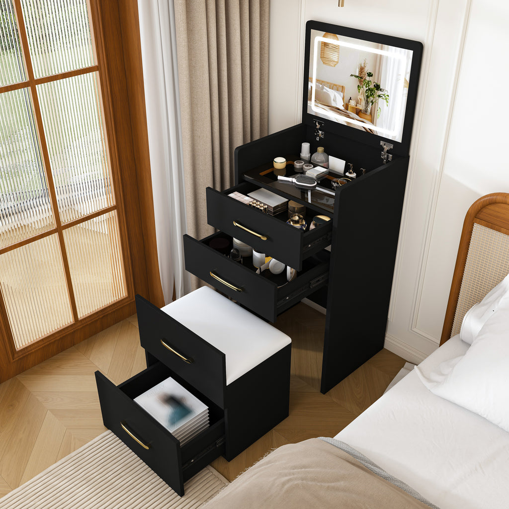 3-in-1 Black Makeup Vanity Desk with Flip-Up Mirror, Glass Top & 3 Drawers
