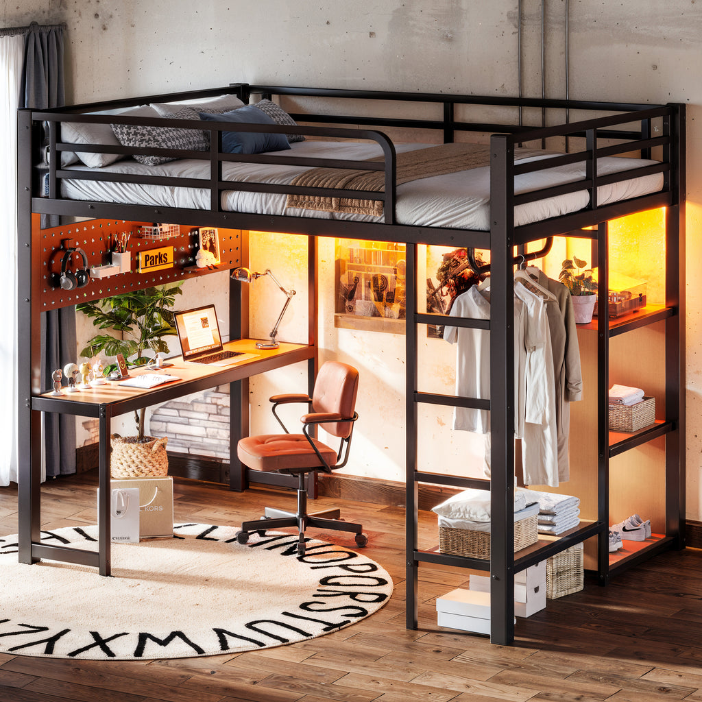 View highlighting storage shelves, hanging rod, and cave board for small-item organization