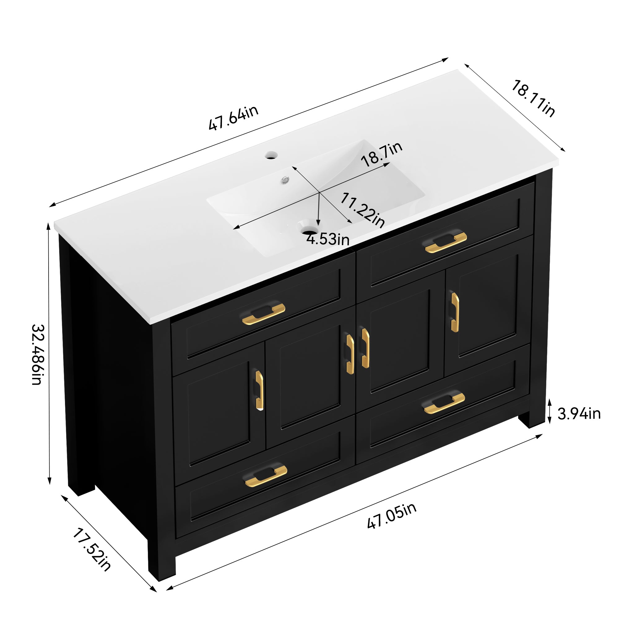 48" Black Bathroom Vanity with Integrated Resin Sink, 4 Soft-Close Doors & 4 Drawers