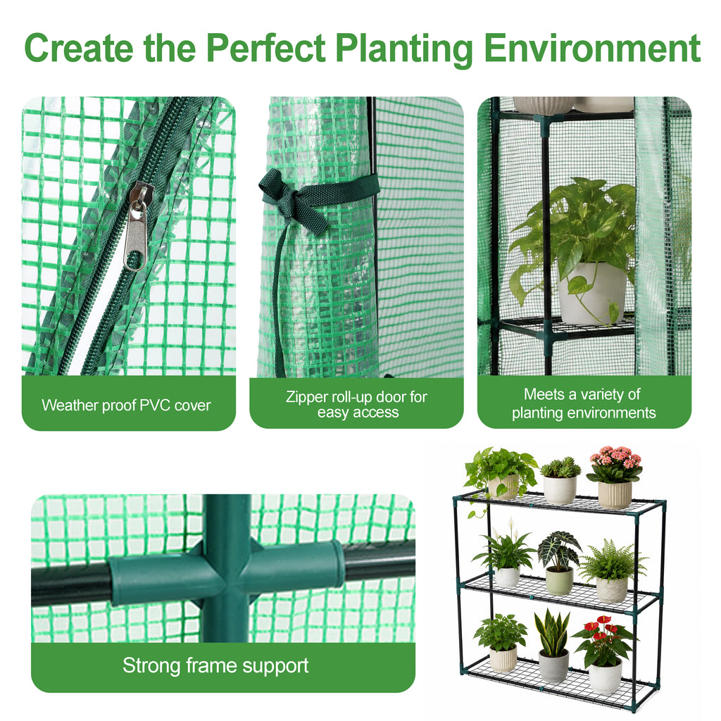 3-Tier Lean-To Portable Greenhouse with Wire Shelves & Zipper Doors – 79" x 39" x 83"