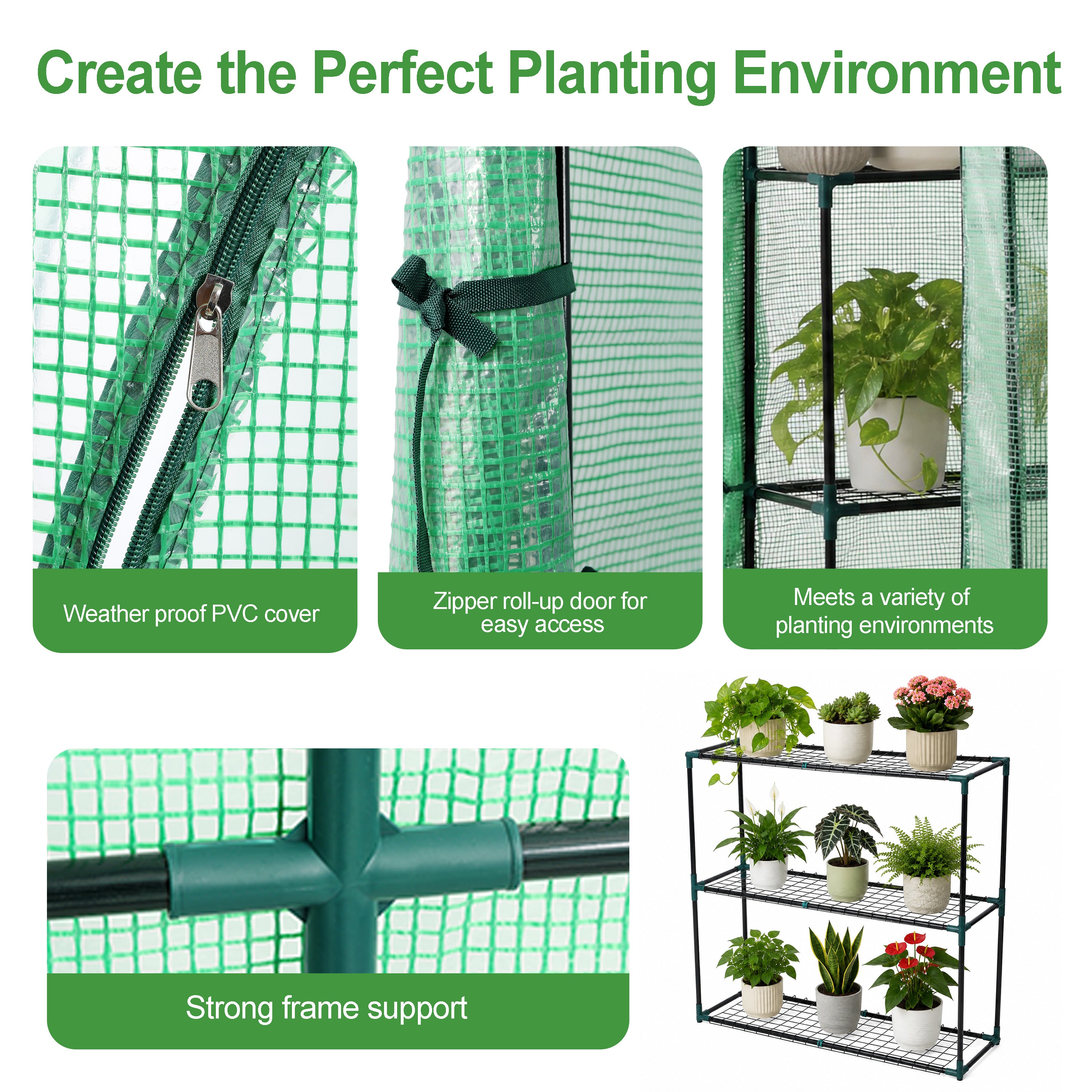 3-Tier Lean-To Portable Greenhouse with Wire Shelves & Zipper Doors – 79" x 39" x 83"
