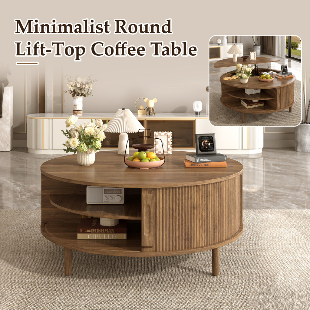 Minimalist Round Lift-Top Coffee Table with Hidden Storage & Pine Legs - product detail image 7