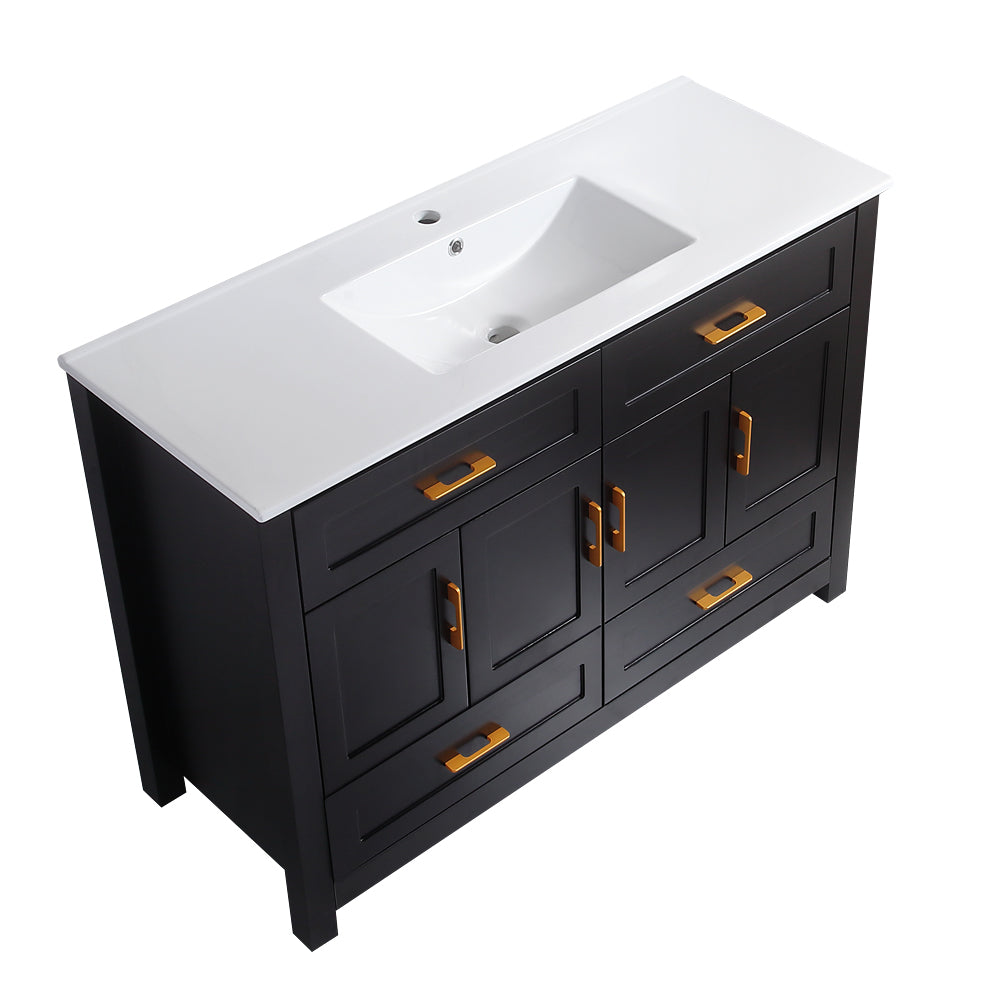 48" Black Bathroom Vanity with Integrated Resin Sink, 4 Soft-Close Doors & 4 Drawers
