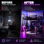 Full Metal Loft Bed with L-Shaped Desk, USB Ports, Peg Board & Z-Lights – Black
