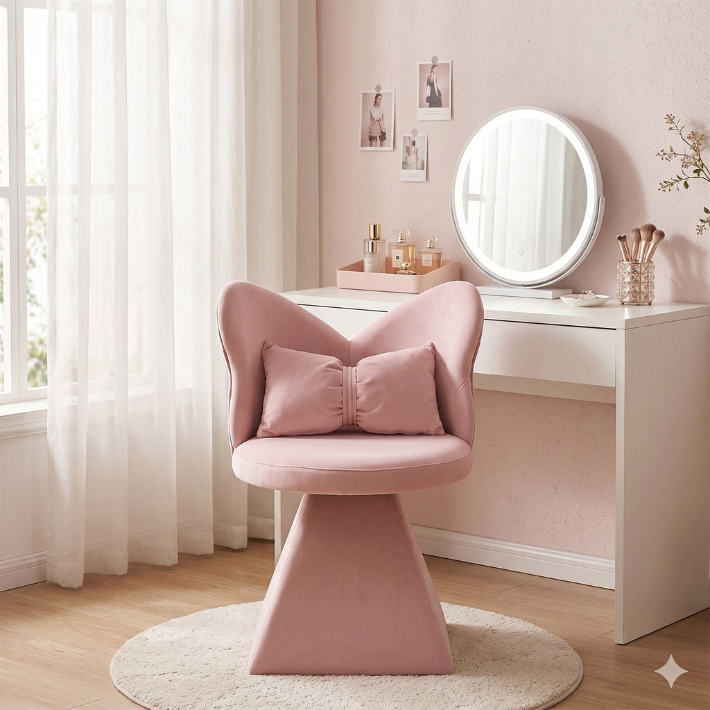 Pink Butterfly Back Swivel Vanity Chair with Triangular Base