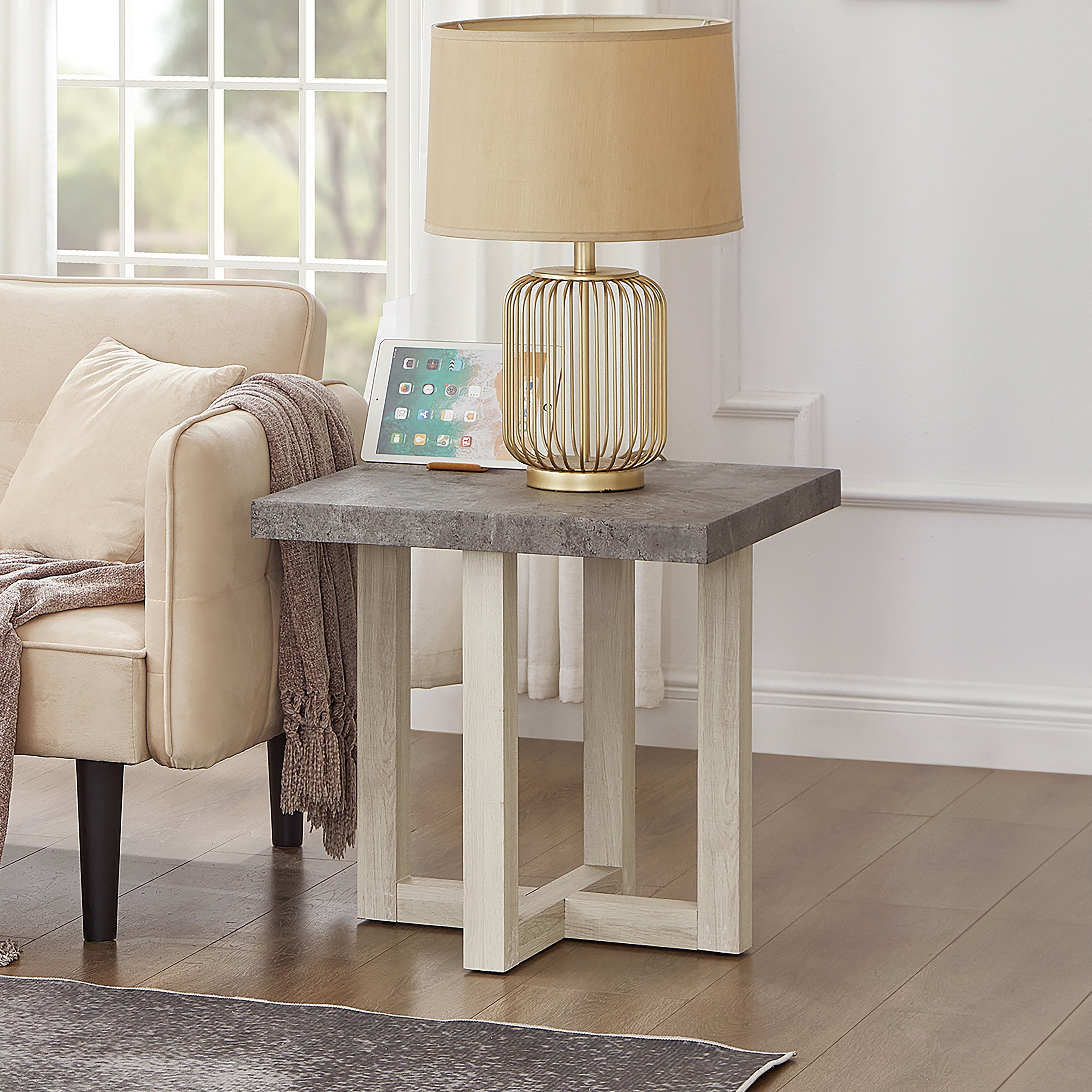 Luno Contemporary End Table – Faux Concrete & White Finish Secondary image