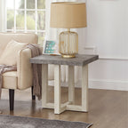 Top-down view showing square MDF surface and intersecting base of Luno End Table