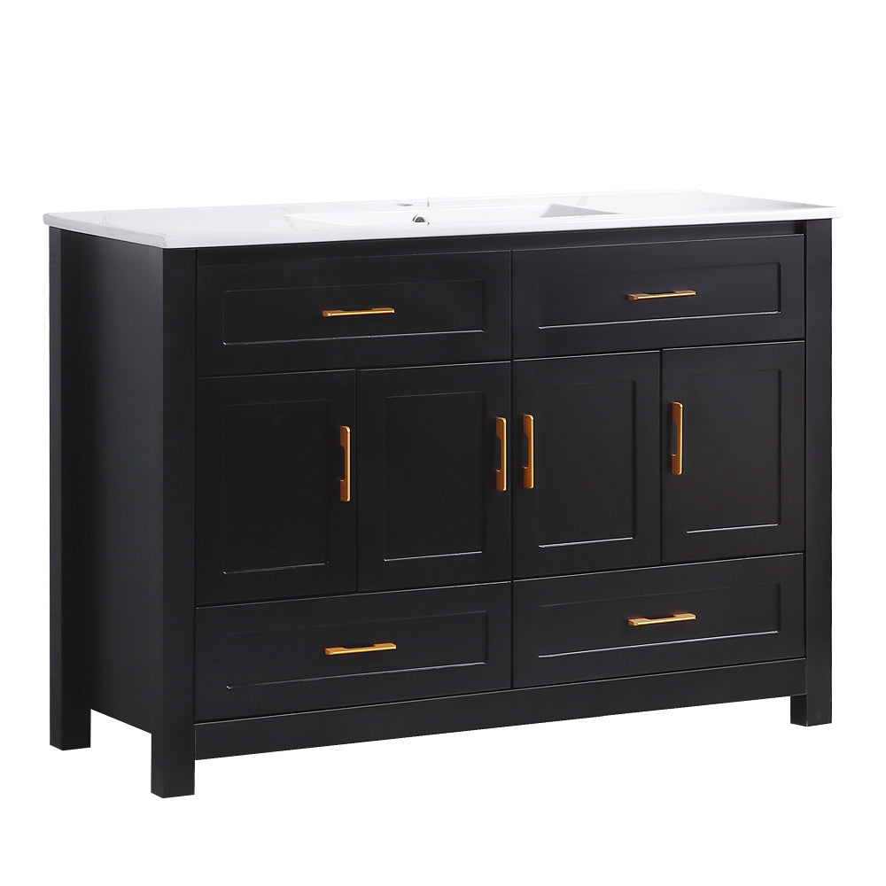 48" Black Bathroom Vanity with Integrated Resin Sink, 4 Soft-Close Doors & 4 Drawers