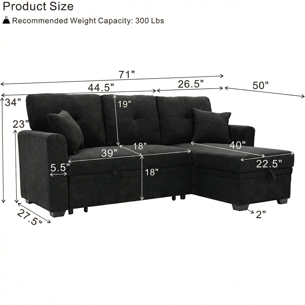 Black L-Shaped Sleeper Sofa with Reversible Chaise & Storage - product detail image 6