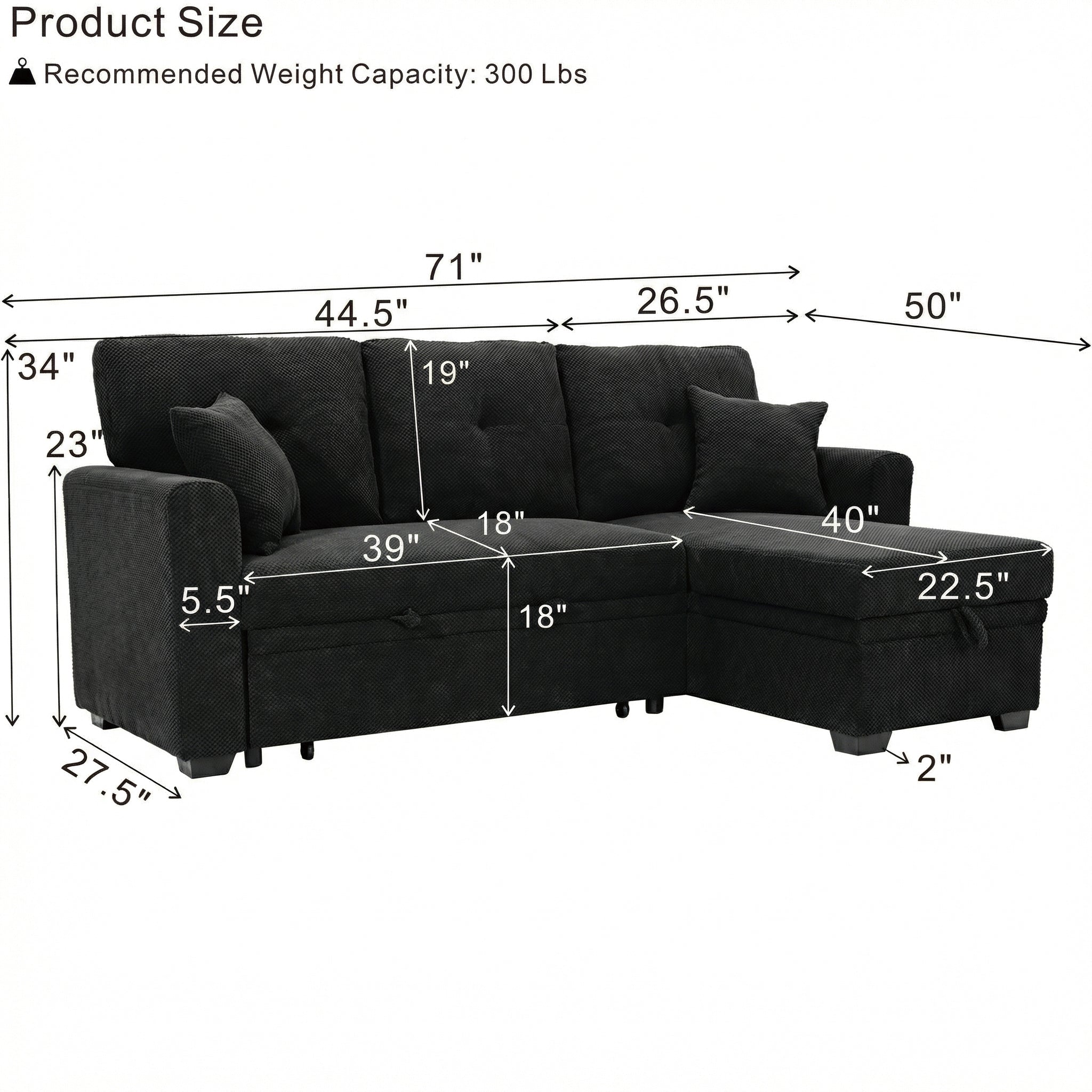 Black L-Shaped Sleeper Sofa with Reversible Chaise & Storage - product detail image 6